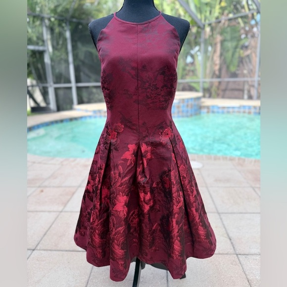 White House Black Market Dresses & Skirts - WHBM Burgundy Brocade Floral Fit & Flare Cocktail Dress w Pockets
